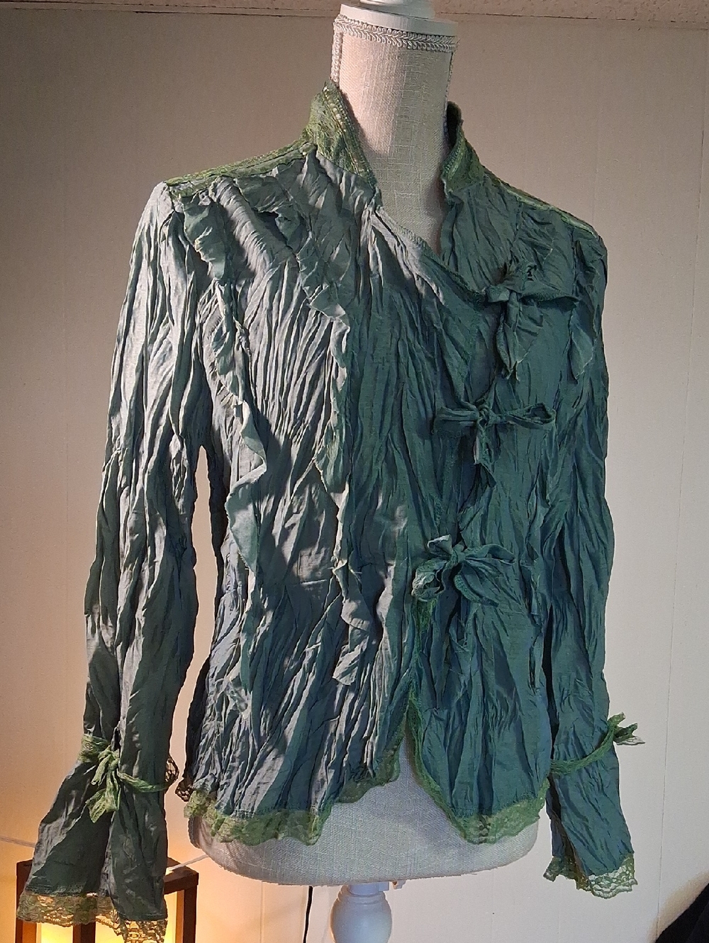 Women's Crinkled Tie-Front Blouse in Sage Green with Lace Accents Size XL
